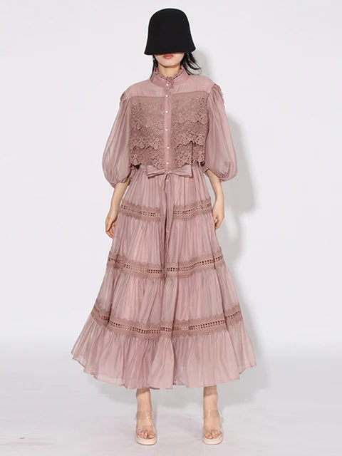 Eva  Stand Neck Short Sleeve  Lace Up Dress