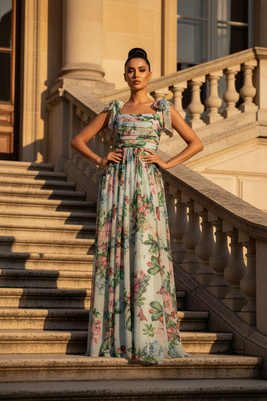 Sachzna Rose Print Patchwork Long Dress for Women