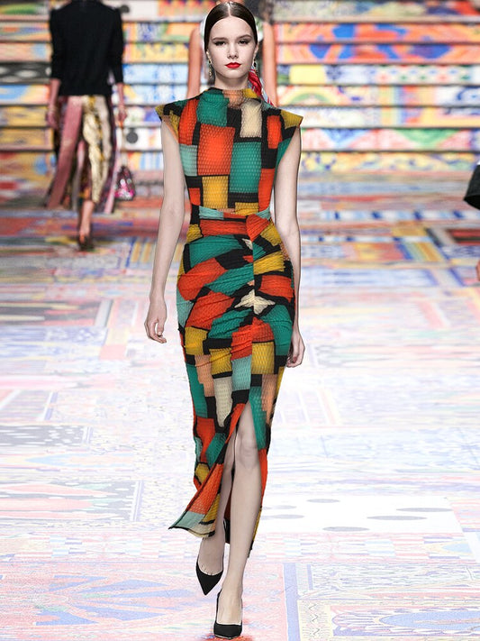 Rikka Pleated Elasticity Plaid Vintage Party Sexy Midi Dress