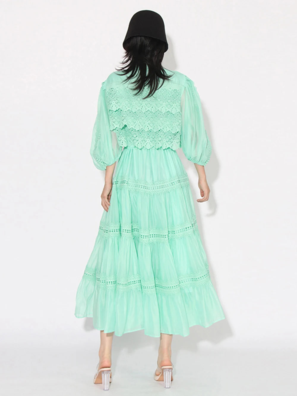 Eva  Stand Neck Short Sleeve  Lace Up Dress