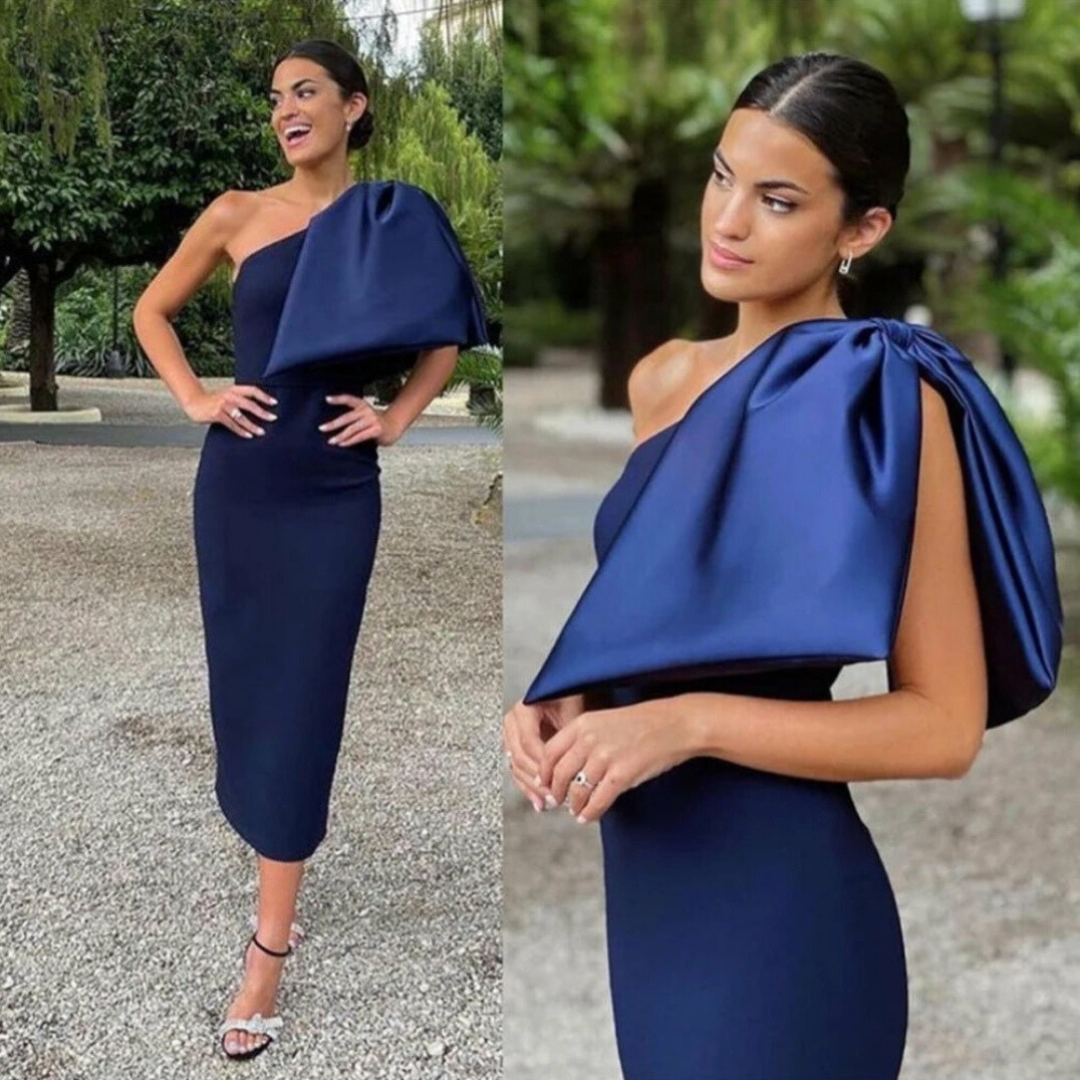 Vanilla Vogue One Shoulder Tea Length Navy Blue Bowknot Satin Formal Evening Gown