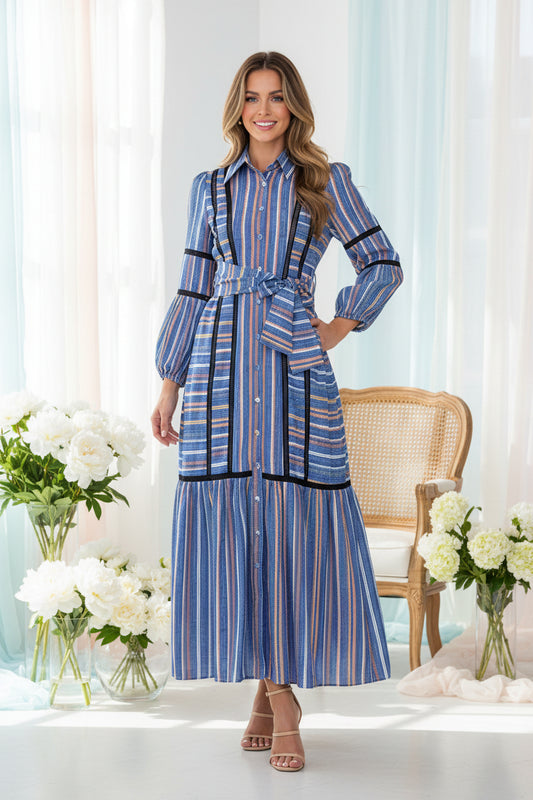 Sienna Striped Lace Retro Dress Long Skirt Women's Clothing Dress
