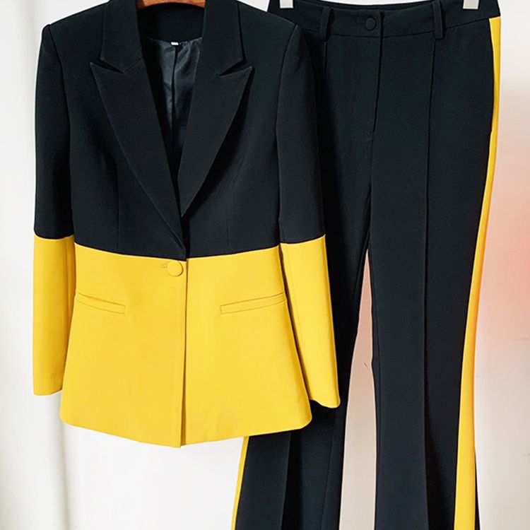 Nicolai Designer Runway Suit Set Women's Single Button Color Block Blazer Flare Pants Suit
