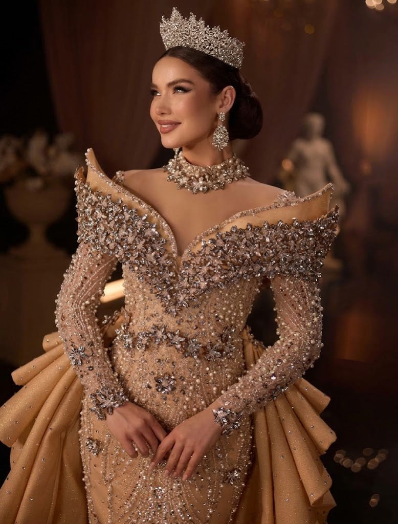 Vaness Luxury Champagne Evening Dresses With Detachable Train Long Sleeves Celebrity Dressess