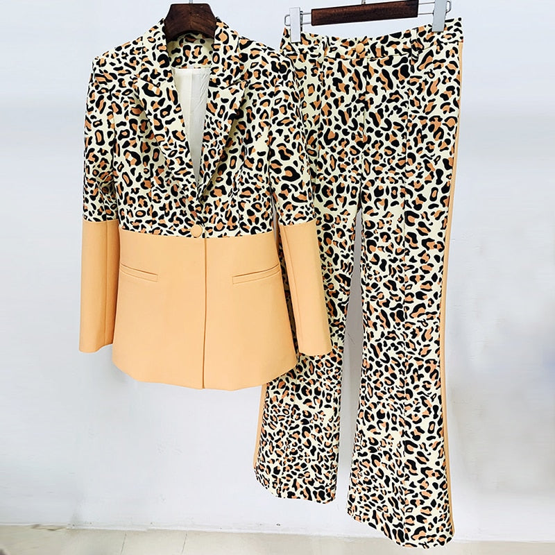 Nicolai Designer Runway Suit Set Women's Single Button Color Block Blazer Flare Pants Suit