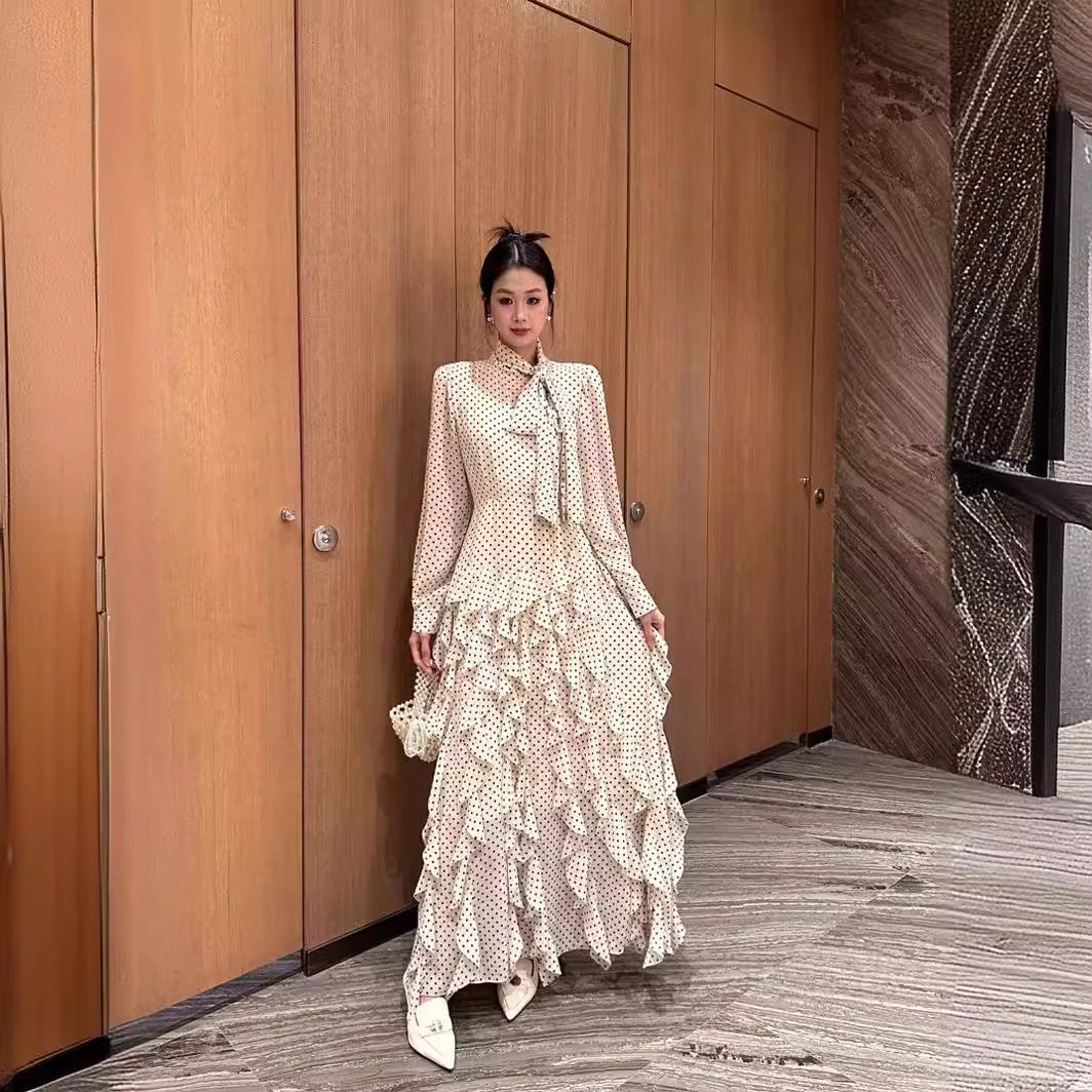 Hanna Polka Dot Print Waist Cinched Ruffle Edge Dress