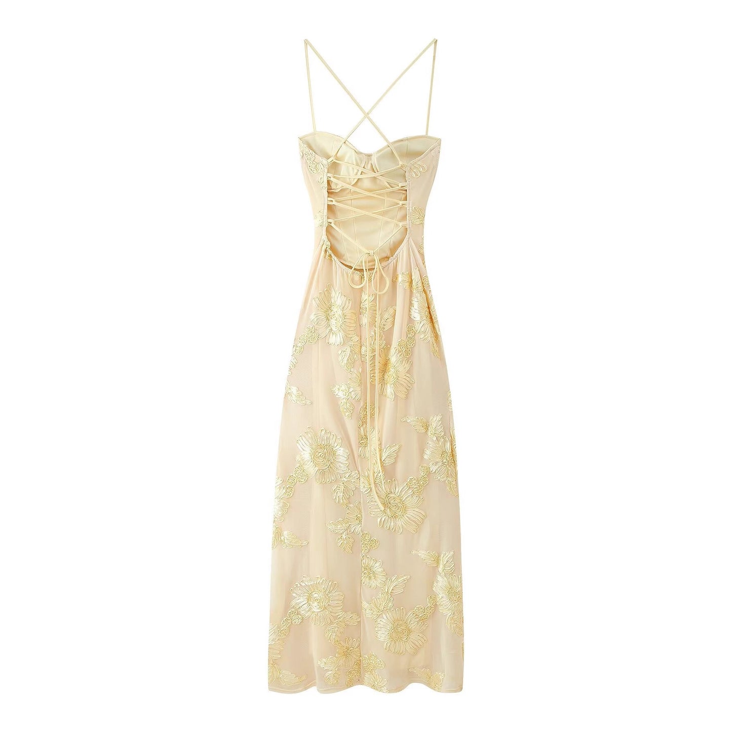 Fretzy French floral embroidery suspender dress