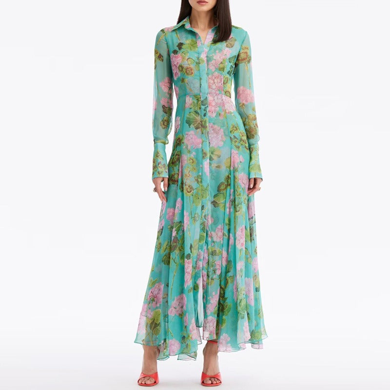 Paula collar long sleeved green printed long dress