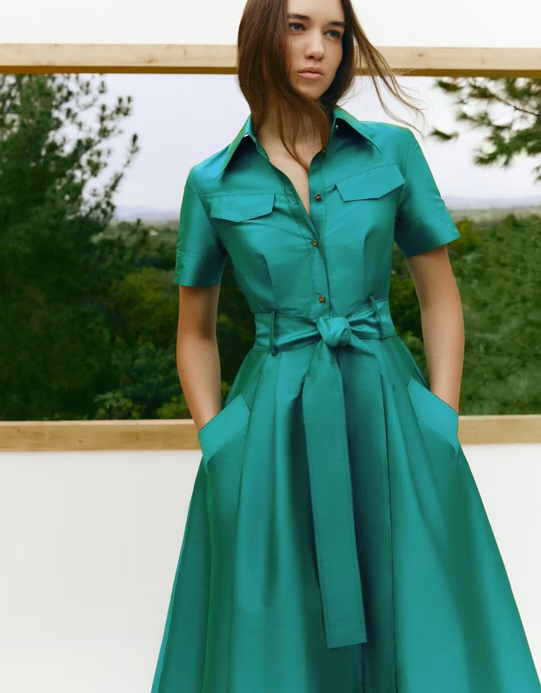 Lapel single-breasted belt mid-waist large hem mid-length Dress