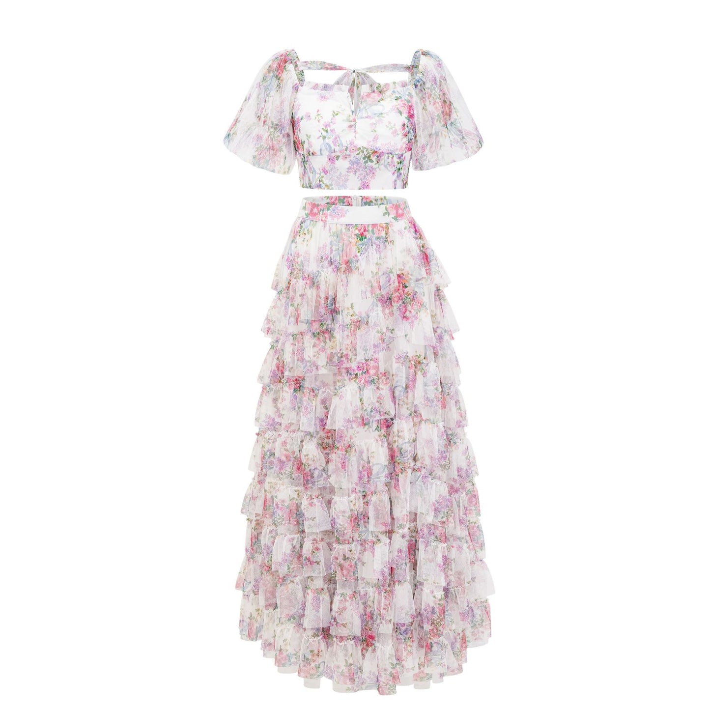 Willow Forest Fairy Style Print Short Sleeve Crop Top and High Waist Long Skirt Two-Piece Set