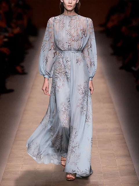 Grace Blue Print Lantern Sleeve High Waist Dress