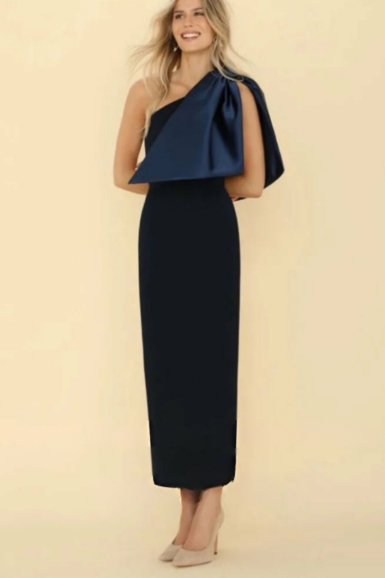 Vanilla Vogue One Shoulder Tea Length Navy Blue Bowknot Satin Formal Evening Gown