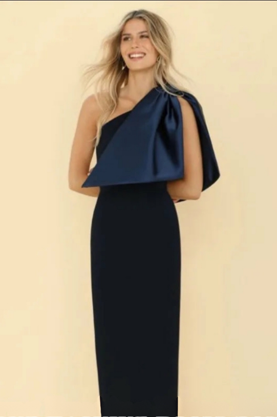 Vanilla Vogue One Shoulder Tea Length Navy Blue Bowknot Satin Formal Evening Gown