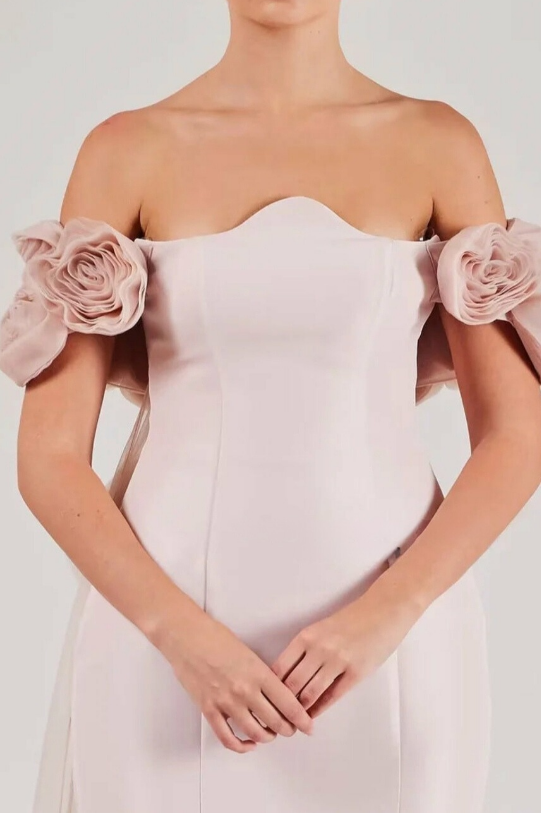 Vanilla Vogue Pink Crepe Off The Shoulder Evening Dress