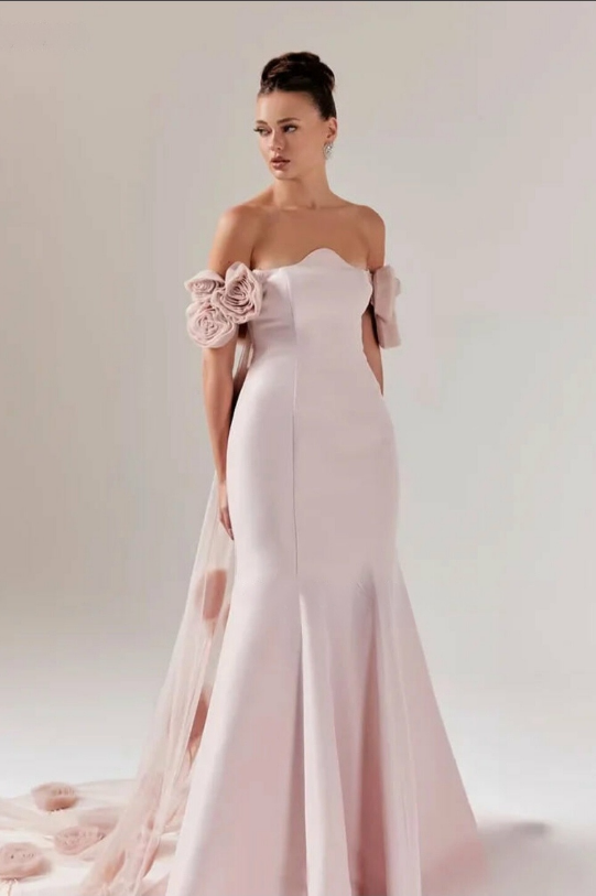 Vanilla Vogue Pink Crepe Off The Shoulder Evening Dress