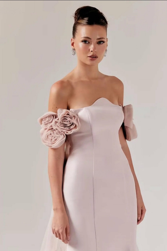 Vanilla Vogue Pink Crepe Off The Shoulder Evening Dress