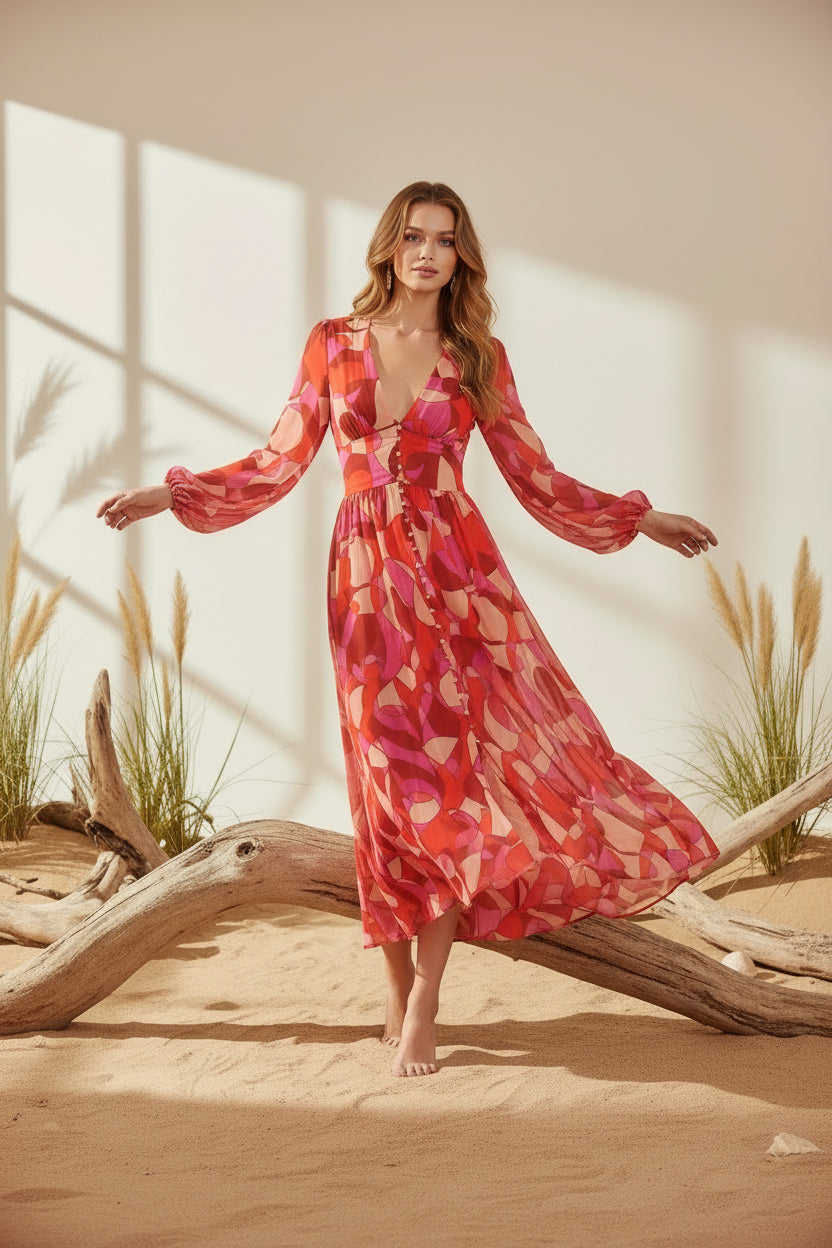 Carmella V Neck Puff Sleeve Floral Long Dress For Women