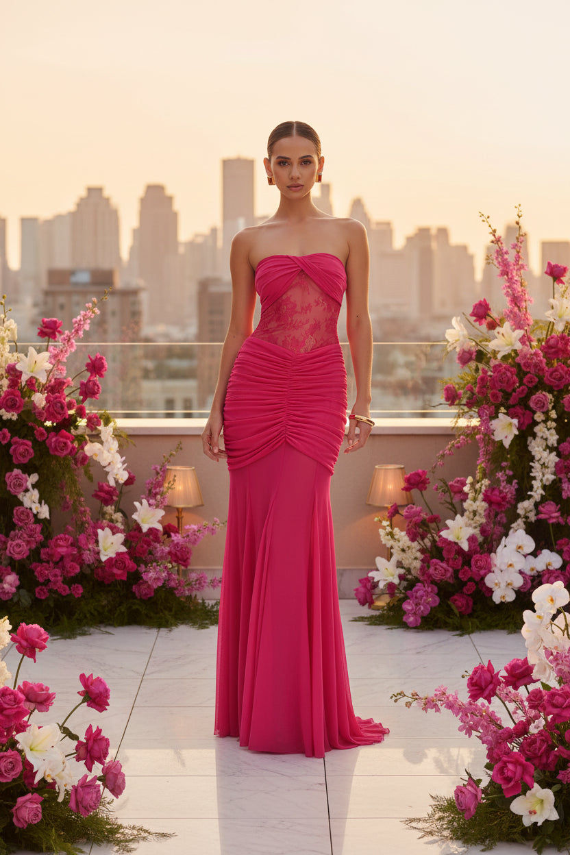 Wevy strapless long dress with pleated perspective dress