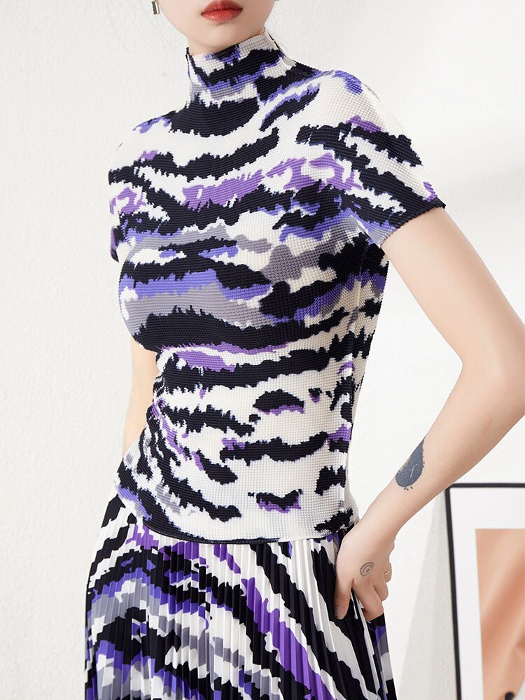 Polly Pleated Set Women Summer Elastic Slimming Stand Collar Short Sleeve T-shirt Top Long Skirt Fashion
