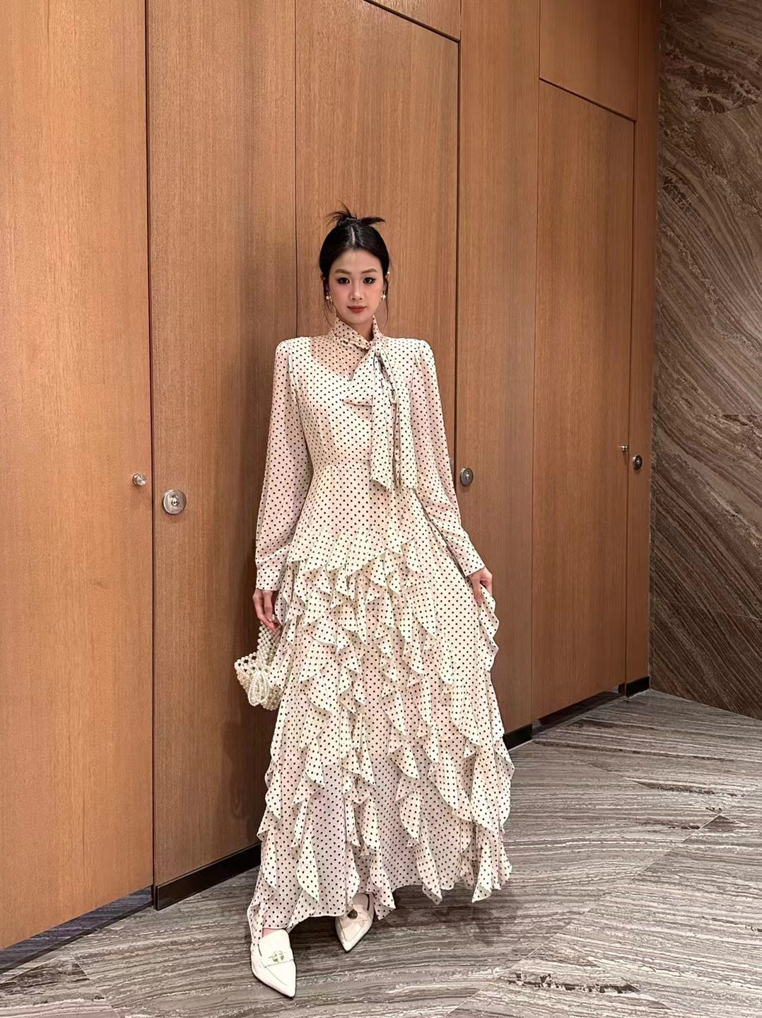 Hanna Polka Dot Print Waist Cinched Ruffle Edge Dress