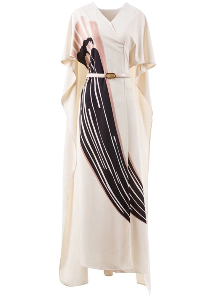 Wilma Summer Sexy V-Neck Waist Tie Print Shawl Maxi Dress