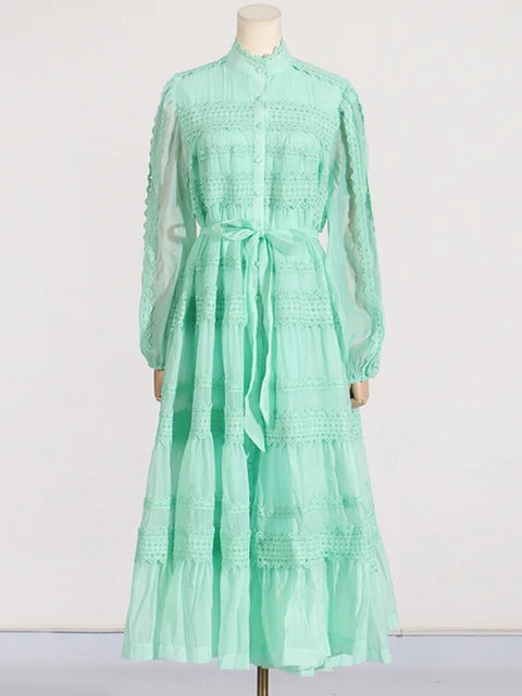 Eva  Stand Neck Short Sleeve  Lace Up Dress