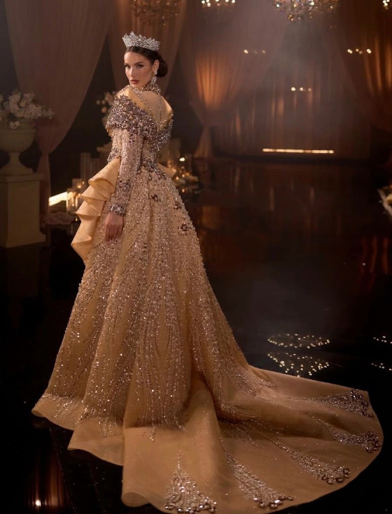 Vaness Luxury Champagne Evening Dresses With Detachable Train Long Sleeves Celebrity Dressess