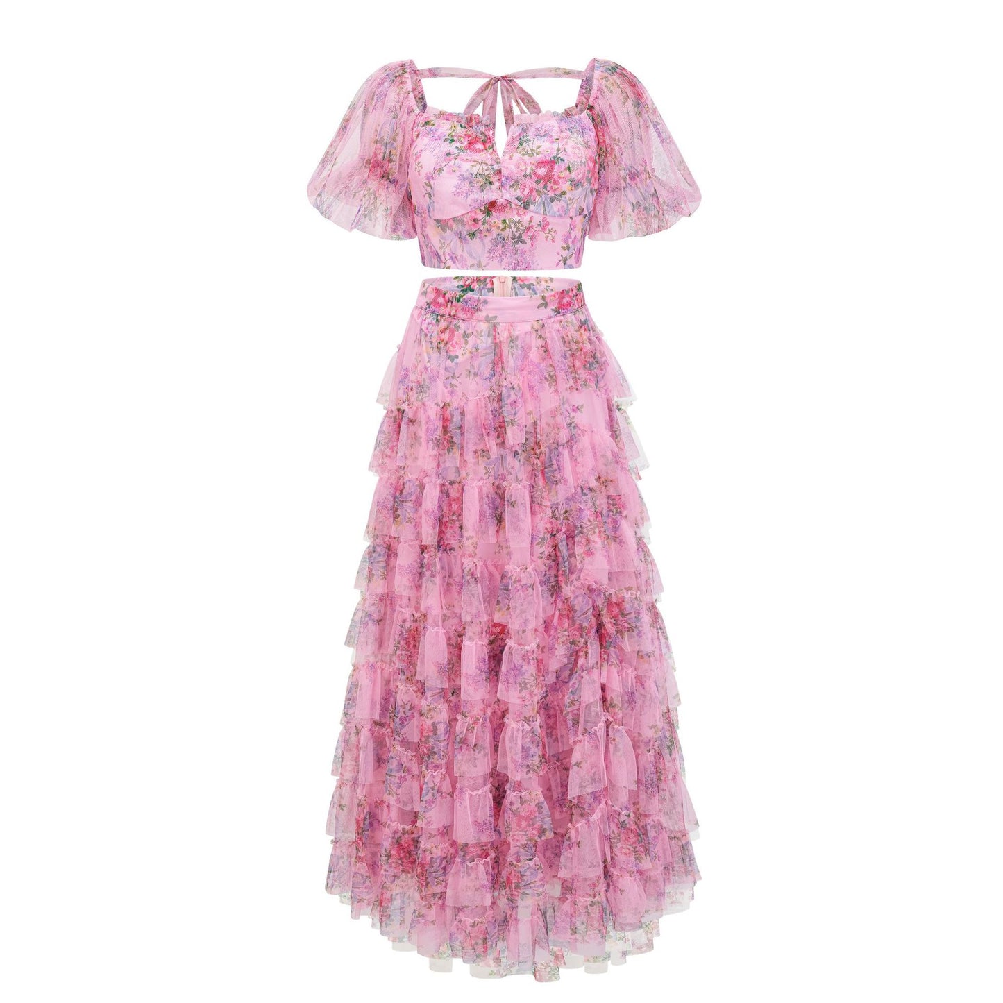 Willow Forest Fairy Style Print Short Sleeve Crop Top and High Waist Long Skirt Two-Piece Set