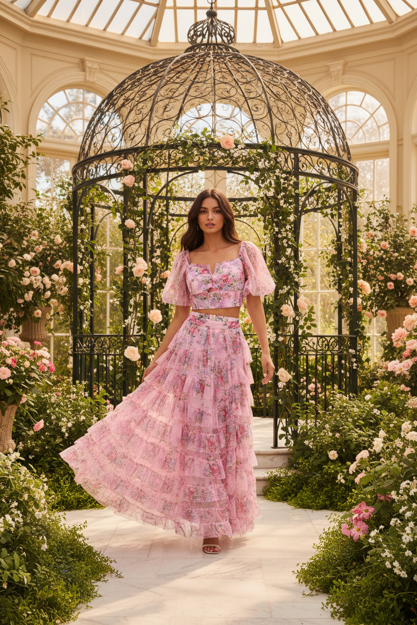 Willow Forest Fairy Style Print Short Sleeve Crop Top and High Waist Long Skirt Two-Piece Set