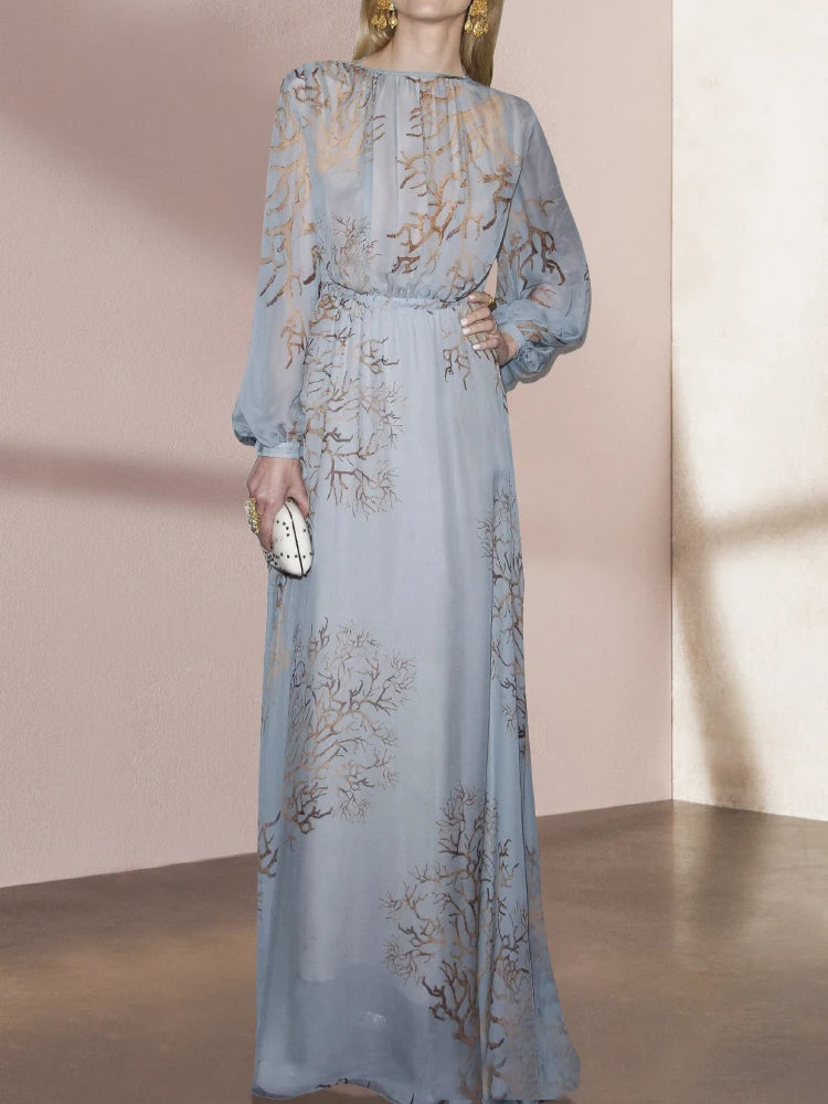 Grace Blue Print Lantern Sleeve High Waist Dress