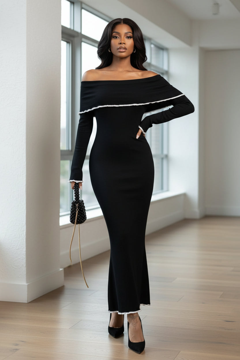 Matet Contrast Trim Off-Shoulder Long Sleeve Maxi Sweater Dress