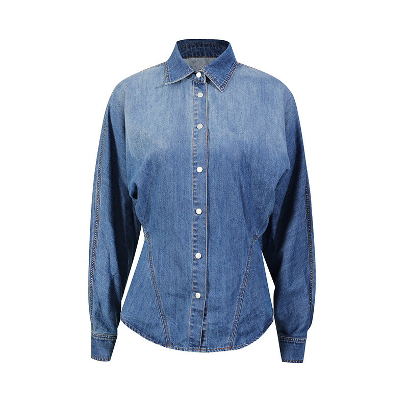 Retro Denim Layered Long  Half Skirt+Shirt Two-Piece Set