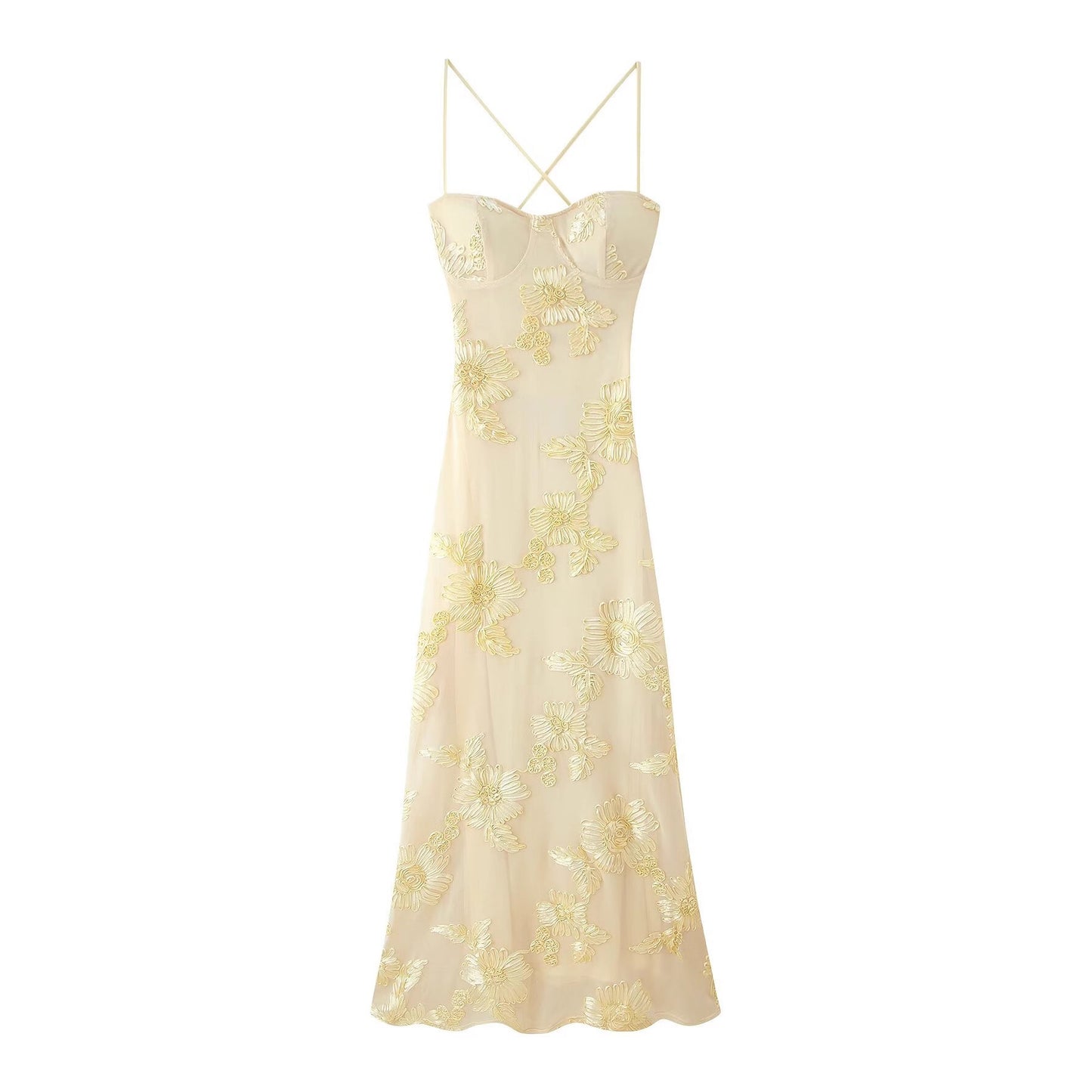 Fretzy French floral embroidery suspender dress