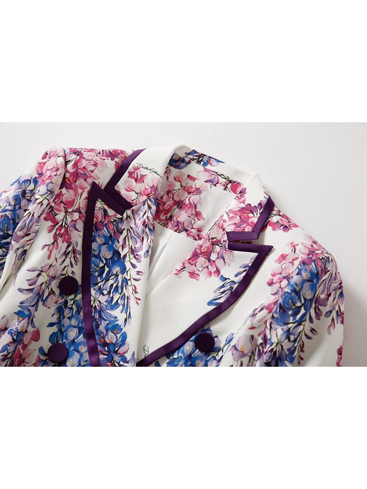 Archieala Designer Runway Suit Set Women's Double Breasted Printed Blazer Pants Suit