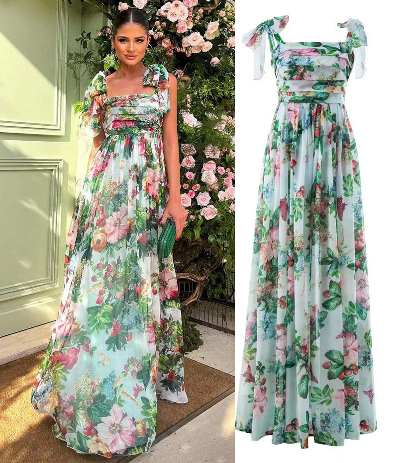 Sachzna Rose Print Patchwork Long Dress for Women