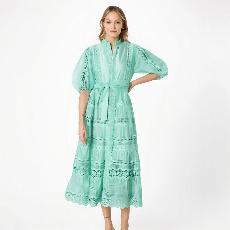 Eva  Stand Neck Short Sleeve  Lace Up Dress