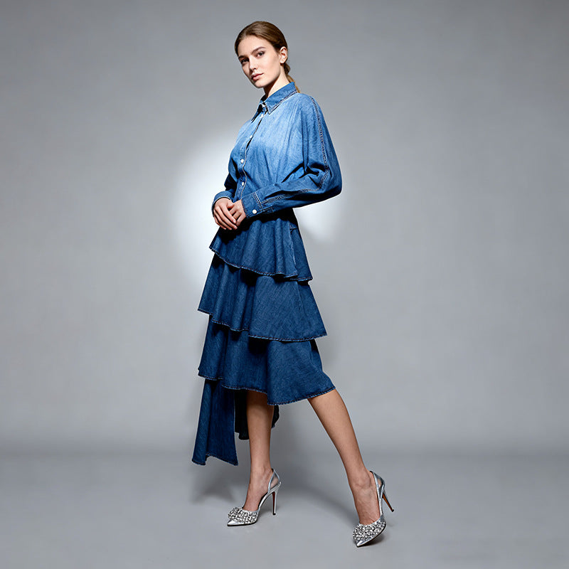 Retro Denim Layered Long  Half Skirt+Shirt Two-Piece Set