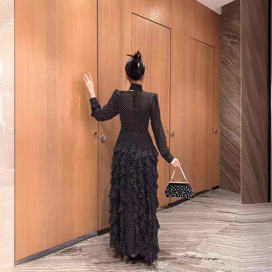 Hanna Polka Dot Print Waist Cinched Ruffle Edge Dress