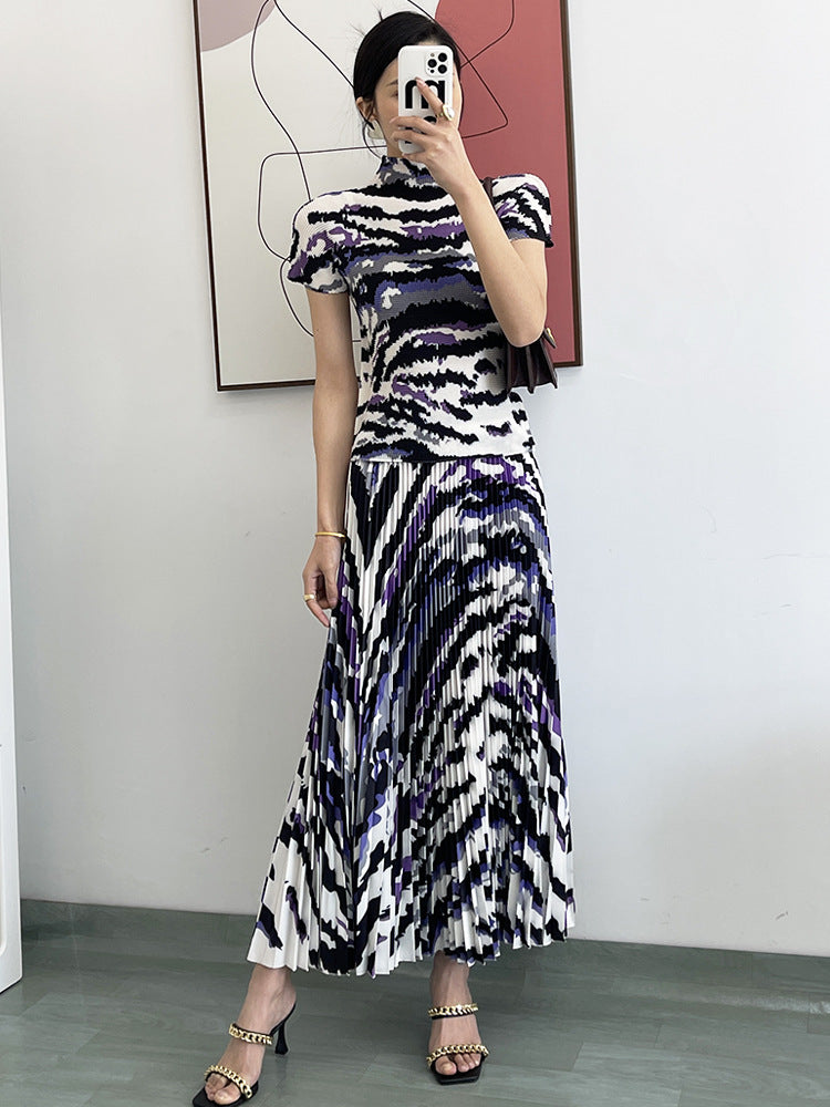 Polly Pleated Set Women Summer Elastic Slimming Stand Collar Short Sleeve T-shirt Top Long Skirt Fashion