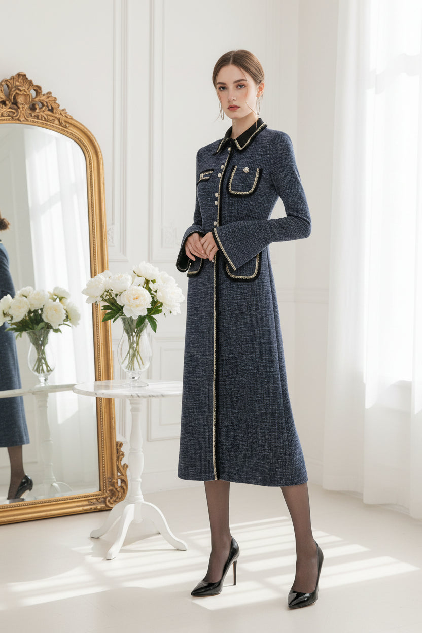 Ollana Lapel Spliced Pockets Long Sleeve High Waist Single Breasted Dress