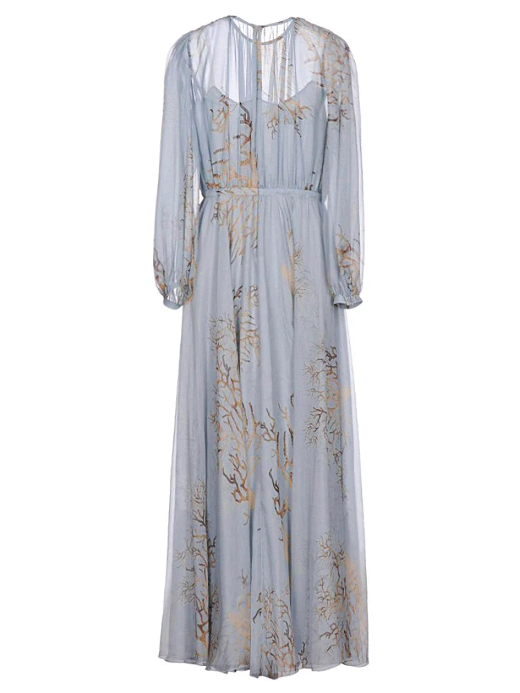 Grace Blue Print Lantern Sleeve High Waist Dress