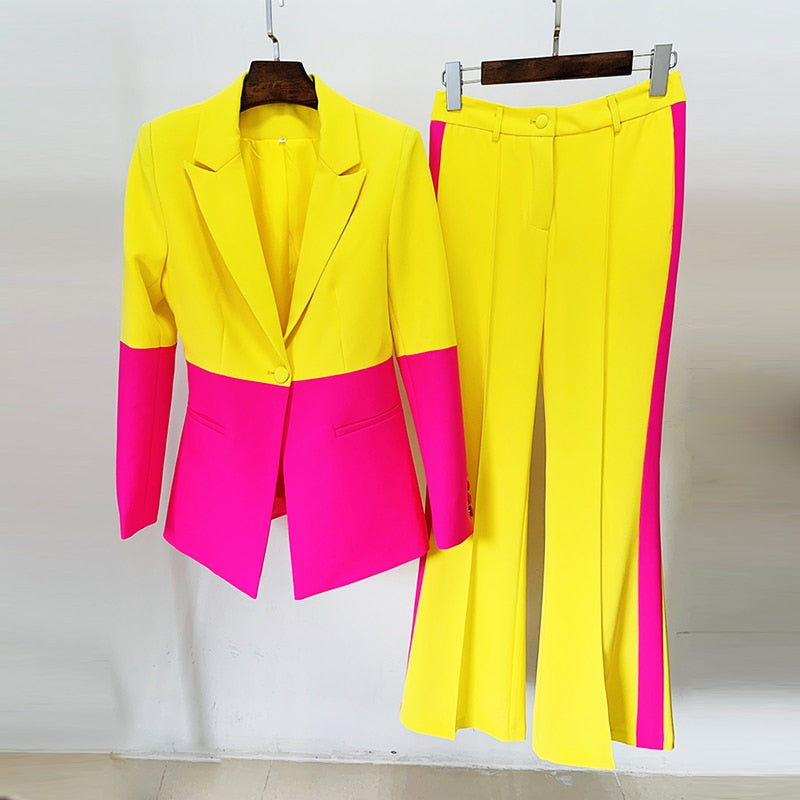 Nicolai Designer Runway Suit Set Women's Single Button Color Block Blazer Flare Pants Suit