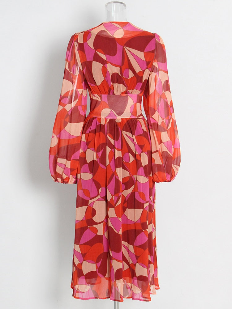 Carmella V Neck Puff Sleeve Floral Long Dress For Women