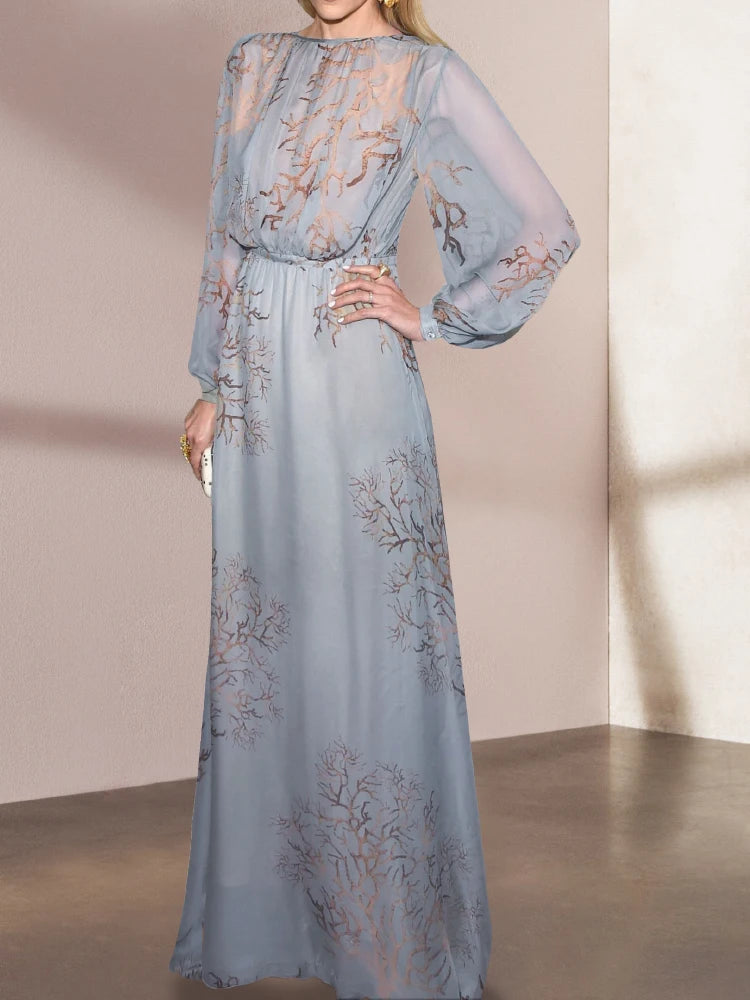 Grace Blue Print Lantern Sleeve High Waist Dress