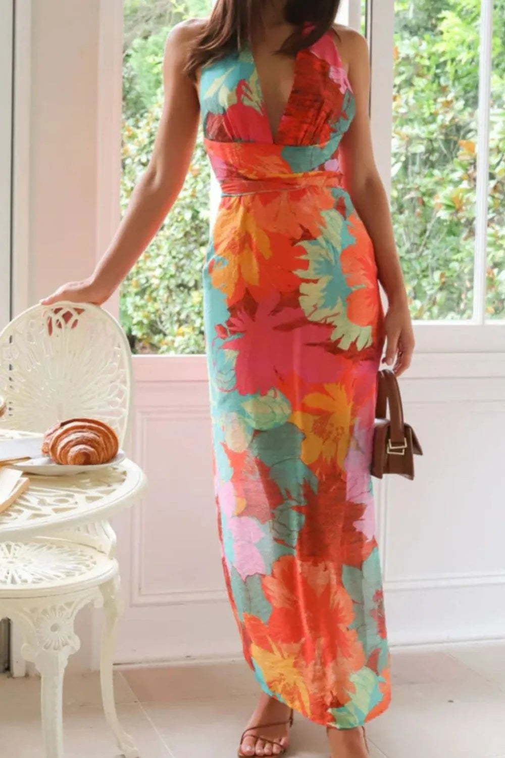 Hazel Split Crisscross Back Printed Plunge Maxi Dress
