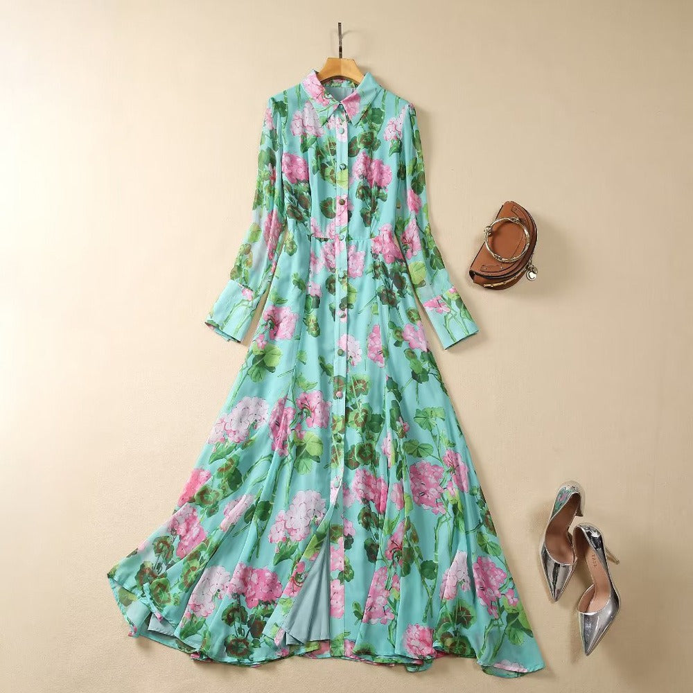 Paula collar long sleeved green printed long dress