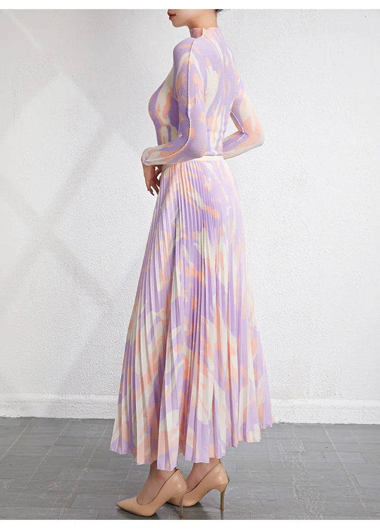 Frenely Casual Set Skirt Spring and Autumn New Style Pleated Standing Neck Long Sleeve Top Half Skirt Set