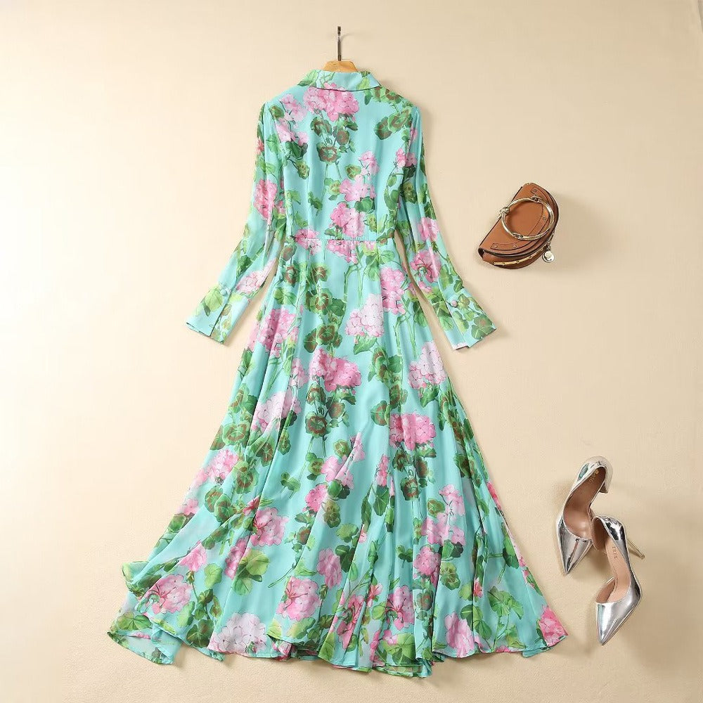 Paula collar long sleeved green printed long dress