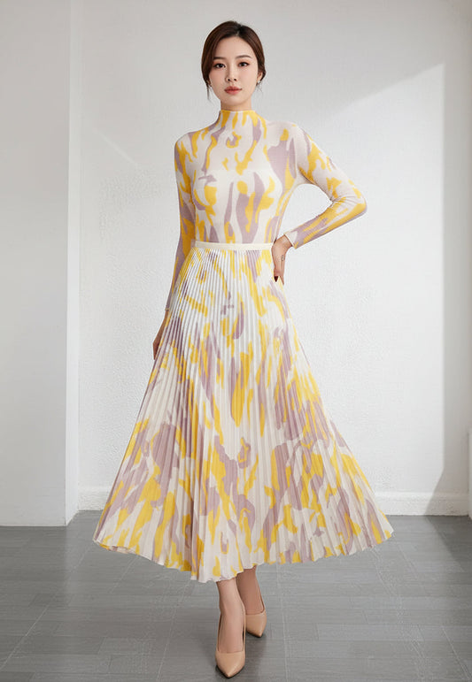 Frenely Casual Set Skirt Spring and Autumn New Style Pleated Standing Neck Long Sleeve Top Half Skirt Set