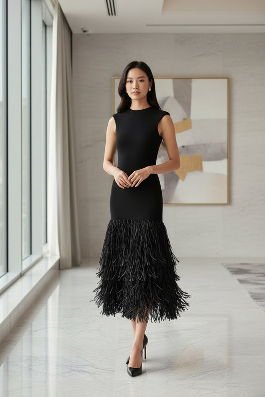 Carol Sleeveless Tassel Hem Dress Slim Sexy Long Dress Celebrity Style